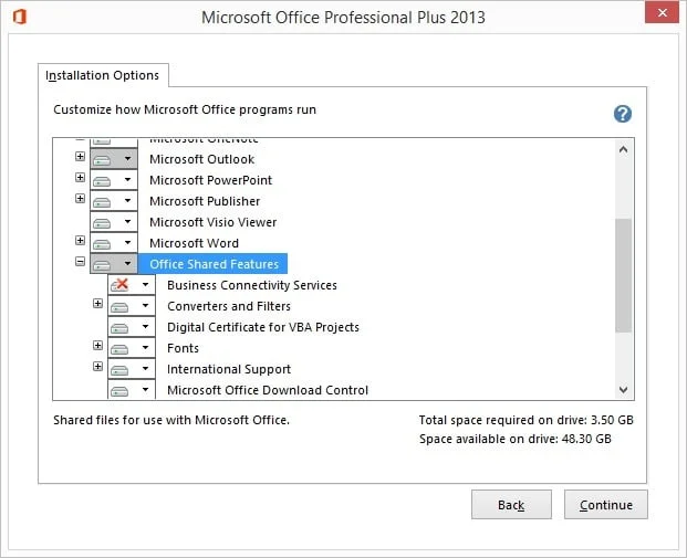 navigate to other shared features in the setup