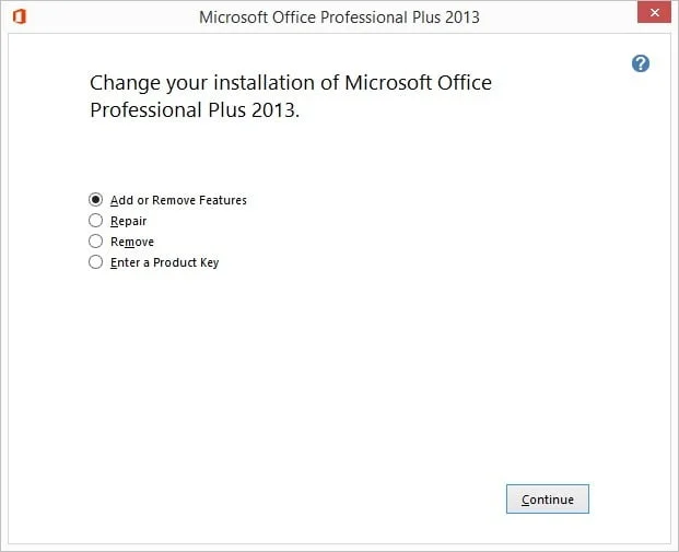 open microsoft office setup and add features
