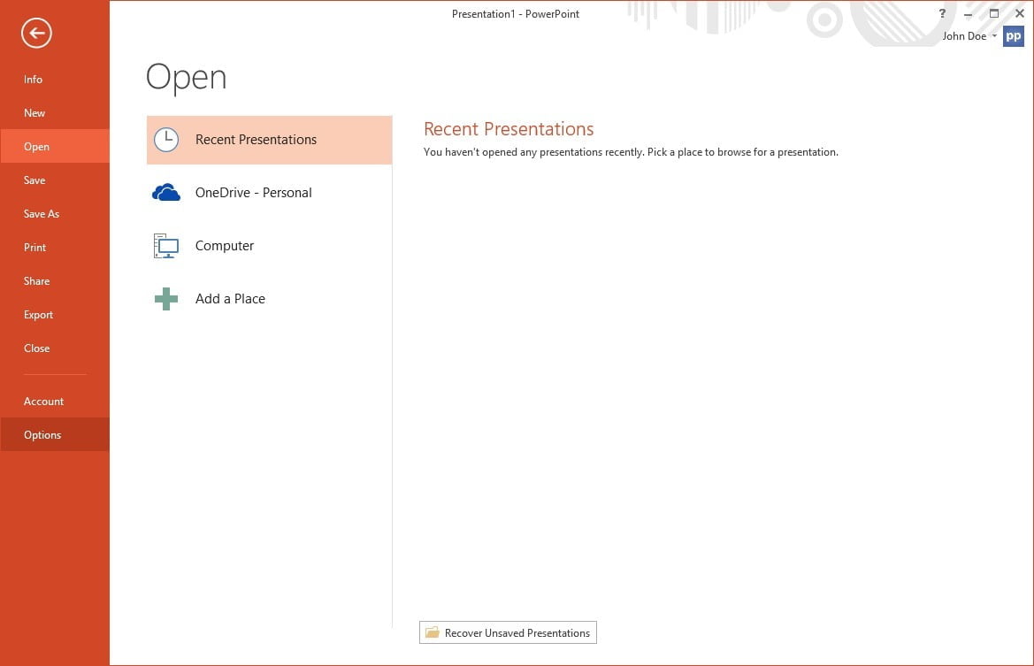 start powerpoint and click file options from the menu