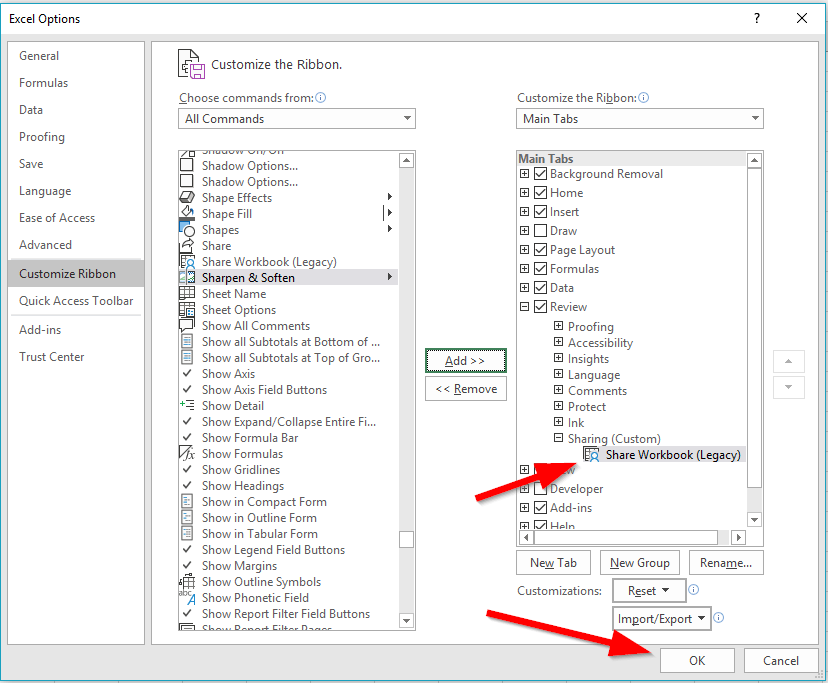 excel share workbook command added to group