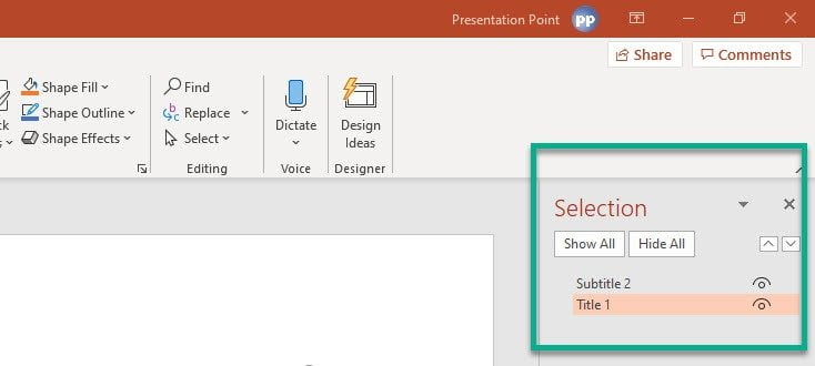 PowerPoint selection pane opened