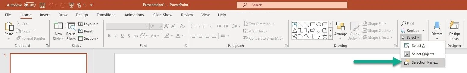Open PowerPoint selection pane method 1