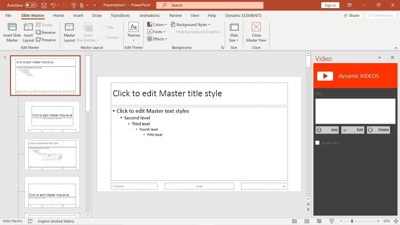 open slide master view to set multiple videos source
