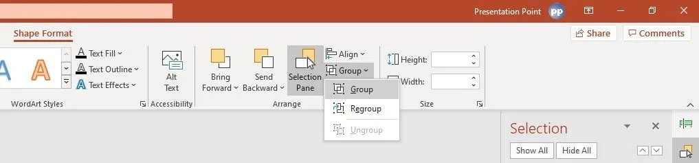 group shapes via the selection pane