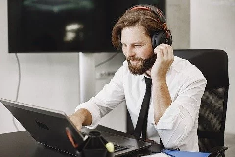 sales person using presentation and webcam for a call