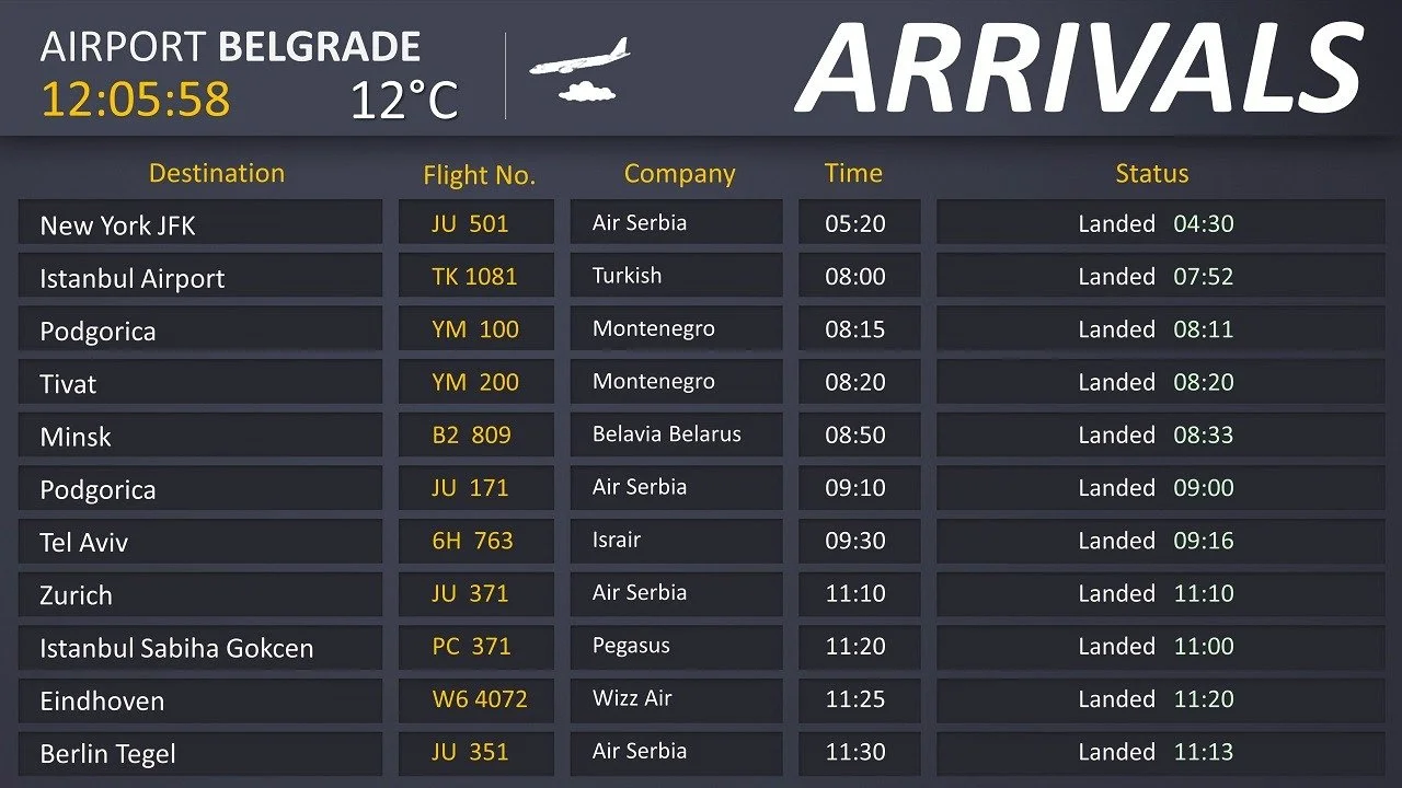 airport Belgrade flight info screen