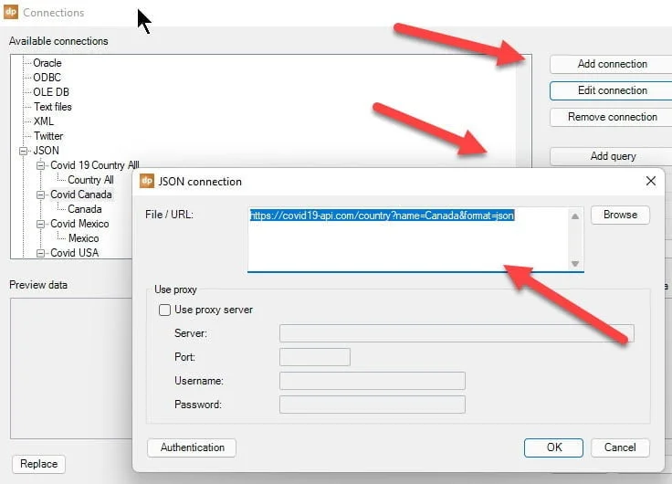 add connection live coronavirus dashboard