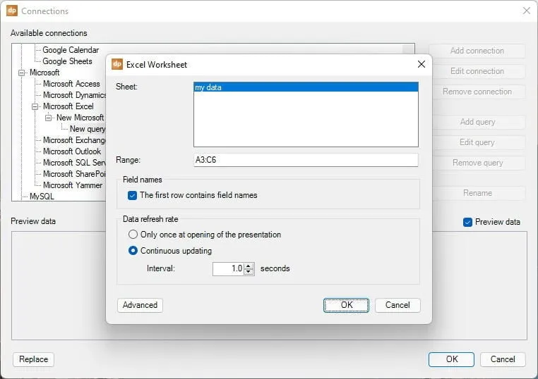 add a connection to the excel datasheet for the data