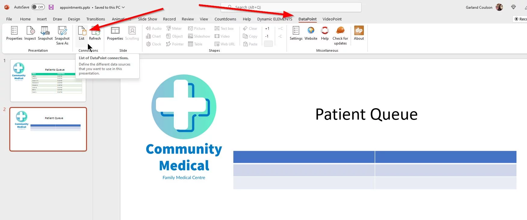 Connect waiting room digital signage to spreadsheet using List command