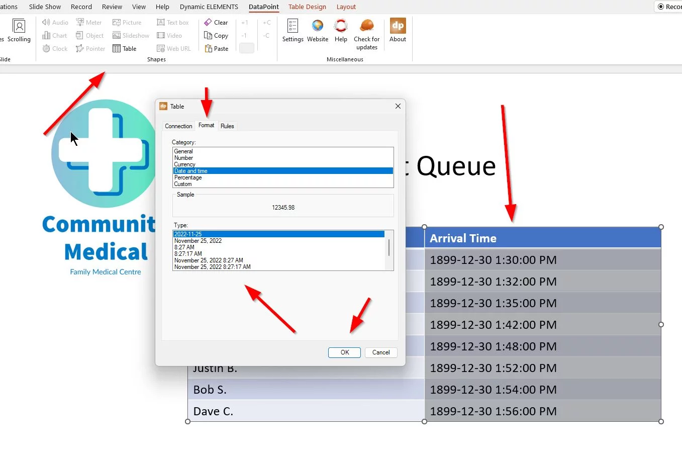 format time in the powerpoint table