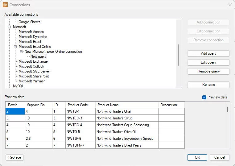 Preview of your Excel Online data
