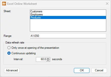 Select datasheet, range, and refresh rate of the data