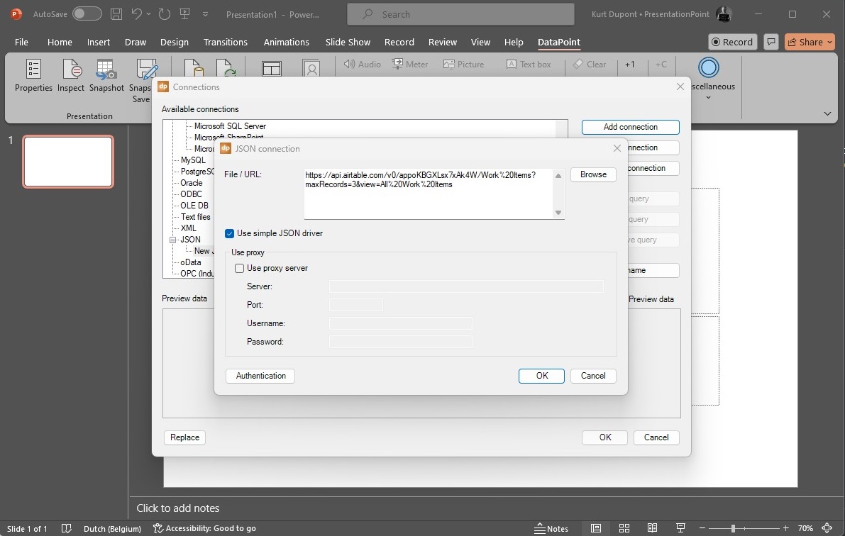 Enter Airtable's CURL address to connect to your Airtable datasheet