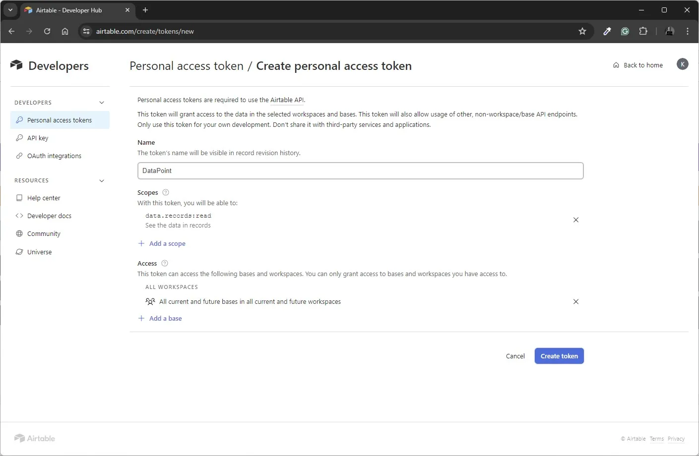 Create a token by giving it a name and set access rights